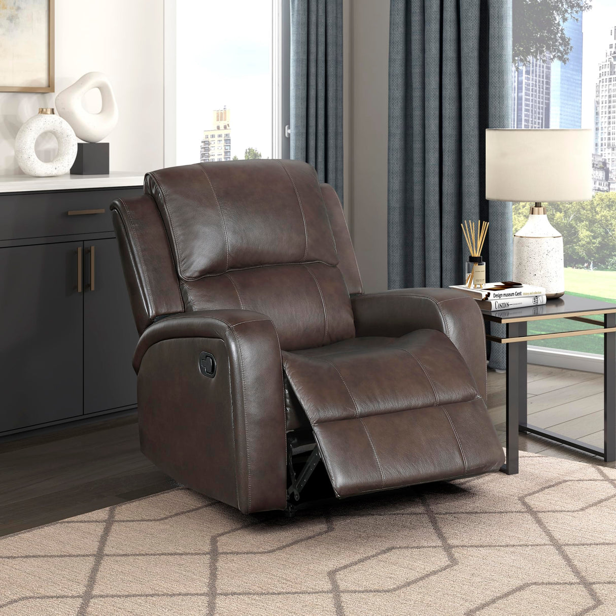 Lexicon Manual Reclining Chair, Top Grain Leather Match Wall Hugger Recliner Chair, Tab Pull Reclining, High Density Foam Over Pocket Coils, for Living Room/Reading Nook/Bedroom, Brown Lexicon