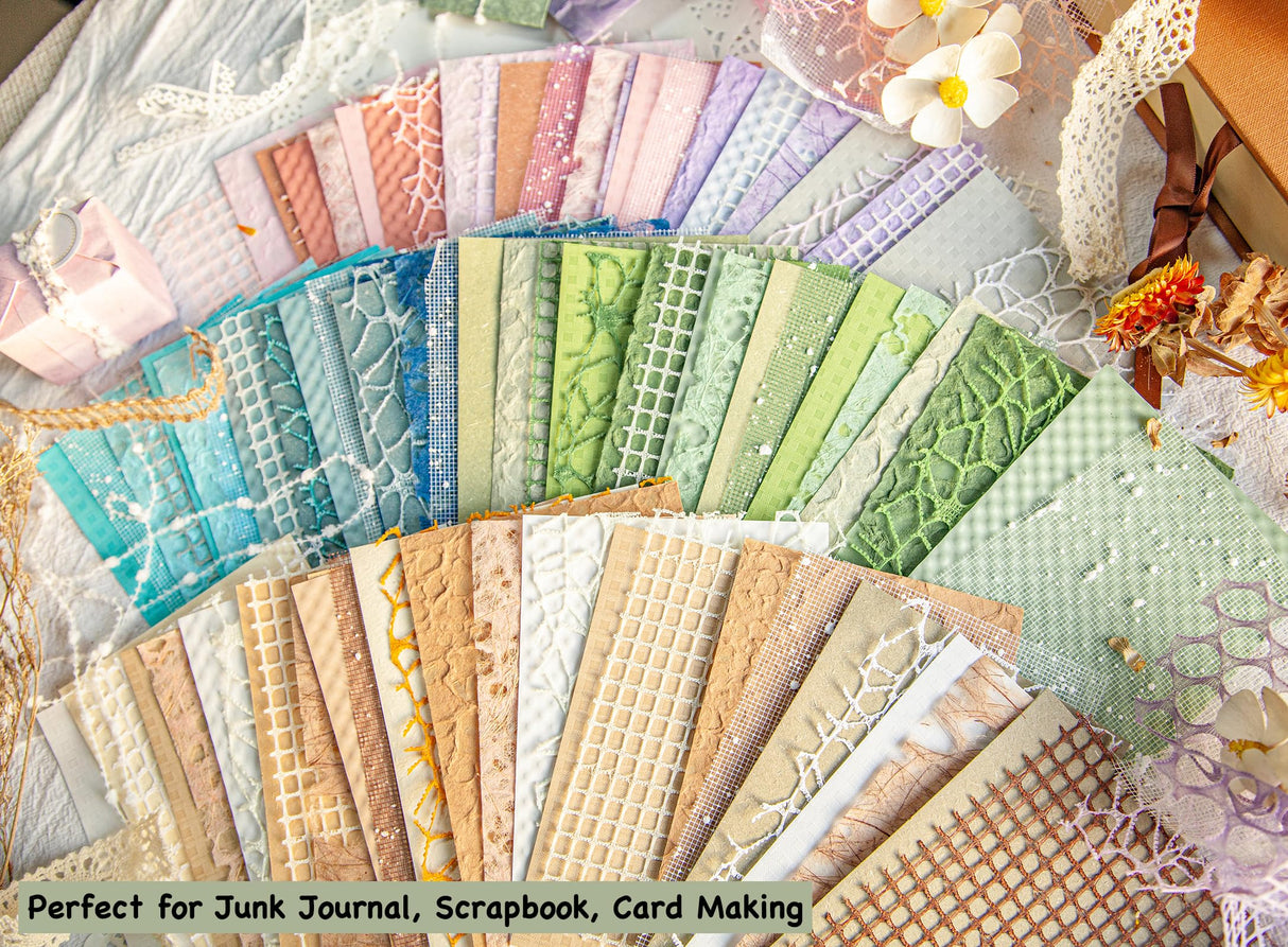 96 Sheets Textured Scrapbook Paper and Mesh Fabric Assorted Set - 6 Pack Mixed Special Paper for Scrapbooking Planner Bullet Junk Journal Supplies Mixed Media Collage Card Embellishments 3.9x5.5 Inch ARTSMONA