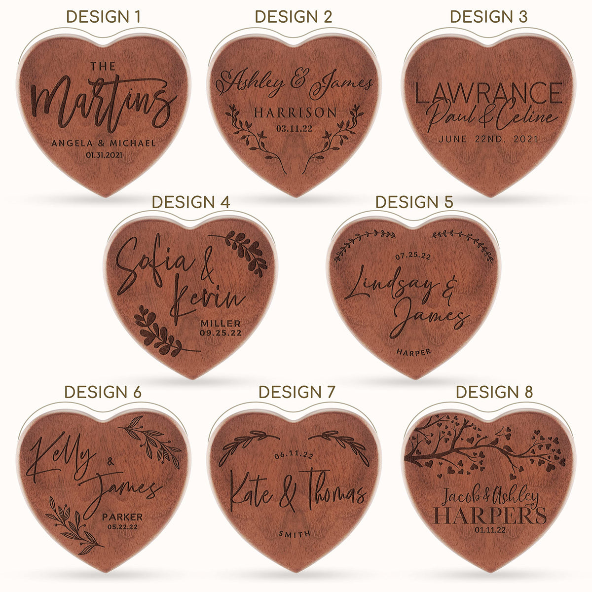 Personalized Wooden Ring Box, Custom Ring Bearer Box, Wooden Heart Ring Box for Wedding Ceremony, 8 Designs with Names and Family Name, Engagement Ring Holder for Proposal, Wedding Keepsake Personalization Lab