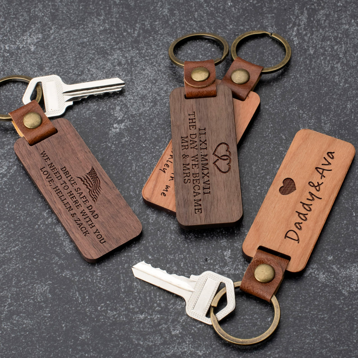 Lara Laser Works Personalized Wood Keychain w/Icon & Any Text, Custom Engraved Key Tag - 30 Icon, 5 Font Options - Housewarming Gifts for Men, Walnut Lara Laser Works