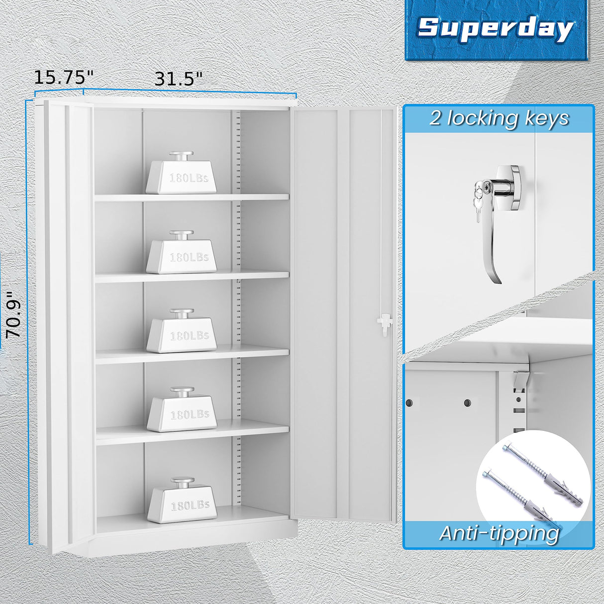 Superday 71" Lockable Steel Storage Cabinet, Locking Metal Storage Cabinets, Tall White Cabinet with 2 Doors and 4 Adjustable Shelves for Garage, Superday