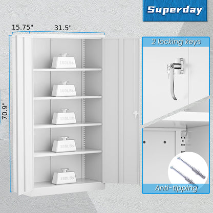 Superday 71" Lockable Steel Storage Cabinet, Locking Metal Storage Cabinets, Tall White Cabinet with 2 Doors and 4 Adjustable Shelves for Garage, - WoodArtSupply