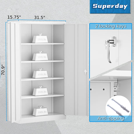 Superday 71" Lockable Steel Storage Cabinet, Locking Metal Storage Cabinets, Tall White Cabinet with 2 Doors and 4 Adjustable Shelves for Garage, Superday