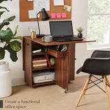 Best Choice Products Folding Dining Table, Multipurpose Space Saving Collapsible Drop Leaf Extension Desk w/Wheels, 3 Storage Shelves - Brown Best Choice Products