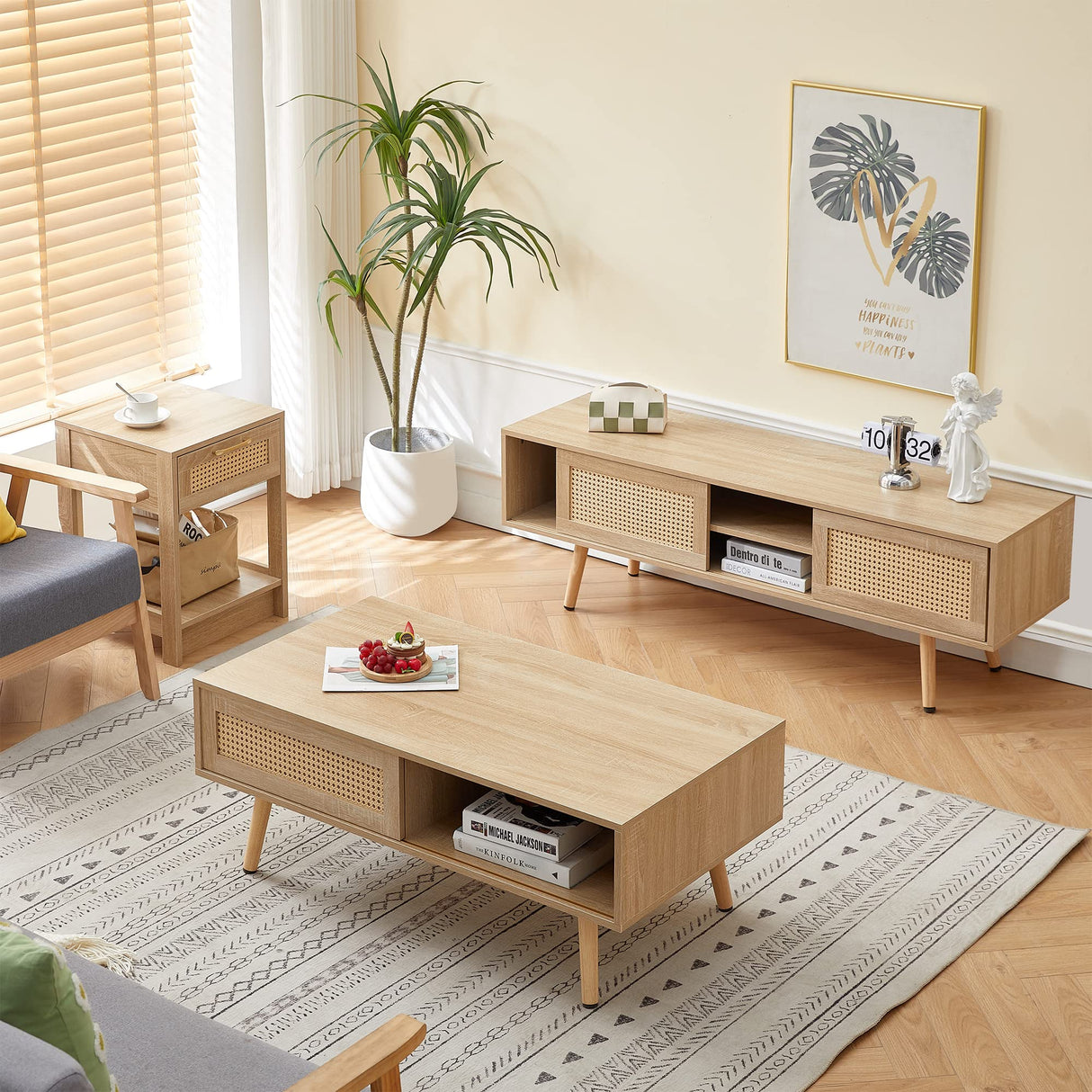 GSSDEE Boho TV Stand for 65+ Inch TV, Farmhouse Wood Television Stand with Natural Rattan Sliding Doors, Media Console Center Natural Style (Natural Oak, TV Stand 55.12" L x 15.75" W x 18.31" H) GSSDEE