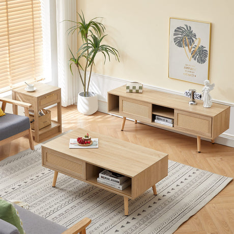 GSSDEE Boho TV Stand for 65+ Inch TV, Farmhouse Wood Television Stand with Natural Rattan Sliding Doors, Media Console Center Natural Style (Natural Oak, TV Stand 55.12" L x 15.75" W x 18.31" H) GSSDEE