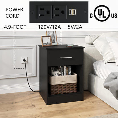 Reettic Set of 2 Nightstand with Charging Station and USB Ports & Power Outlets, Wooden End Table with Drawer and Opening Shelf, Side Table for Bedroom, Black RCTG101BE02 - WoodArtSupply