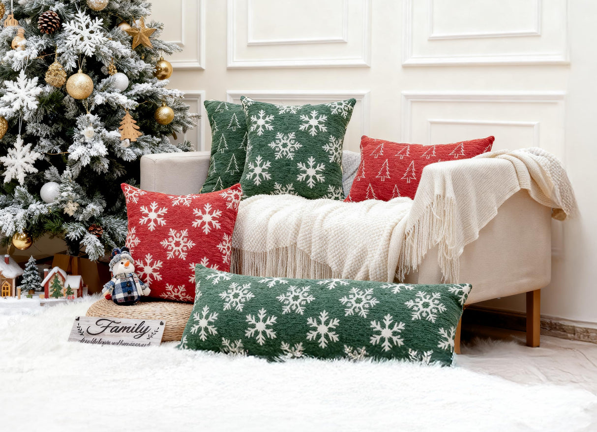 2 Pack Christmas Pillow Covers 18x18, Chenille Double-Sided Snowflake & Christmas Tree Decorative Throw Pillow Cases, Soft Farmhouse Holiday Cushion Covers for Sofa Couch Bed(Red,18x18) Auomily