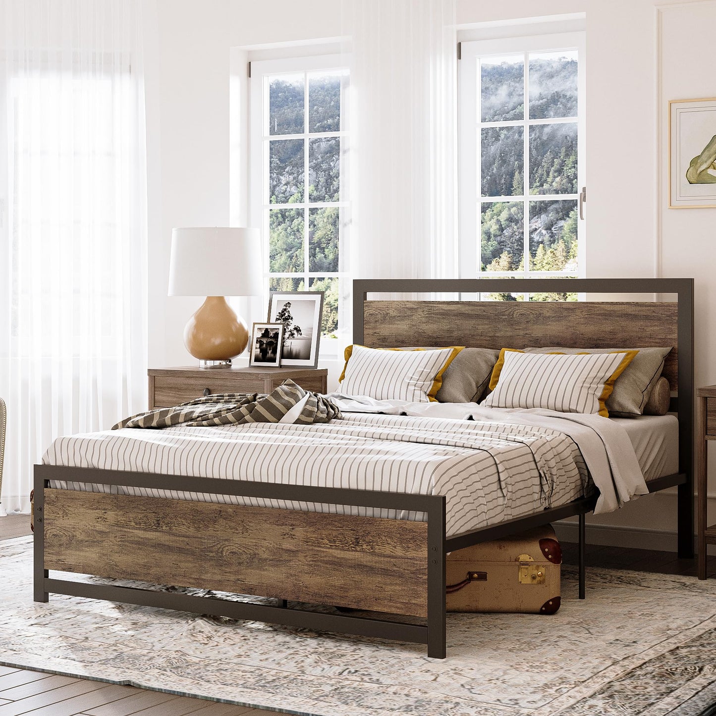 LIKIMIO Walnut Queen Bed Frame with Headboard and Under Bed Storage - Sturdy and Easy Assembly - WoodArtSupply