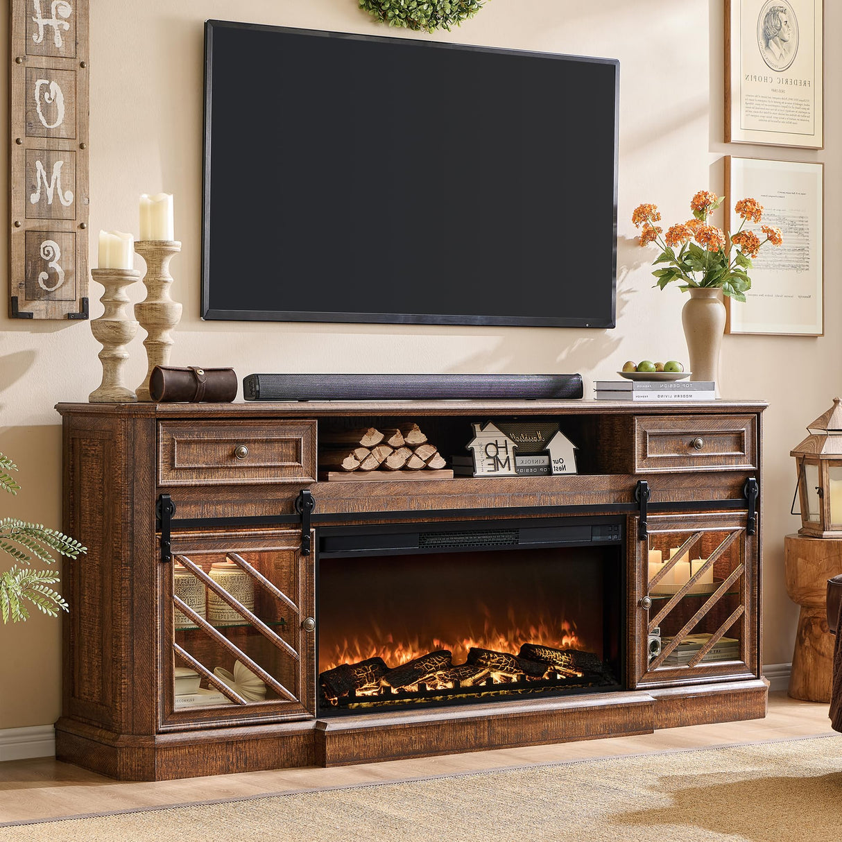OKD 75” Fireplace TV Stand for 85 Inch TV,Farmhouse Highboy Entertainment Center with 36” Electric Fireplace,Modern Media Console Table with Drawers Storage&Cabinets for Living Room,Reclaimed Barnwood OKD