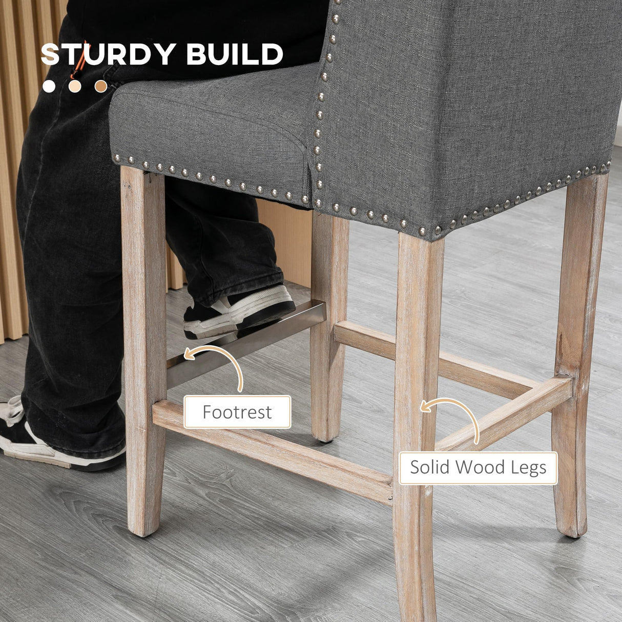 HOMCOM Counter Height Bar Stools Set of 2, 27" Seat Height Upholstered Barstools, Farmhouse Kitchen Island Stools with Nailhead-Trim, Tufted Back and Wooden Legs, Light Gray HOMCOM