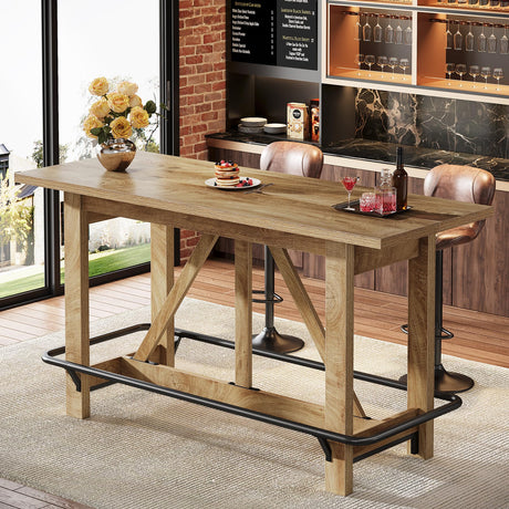 Tribesigns 63" Bar Table, Long Counter Height Pub Dining Table with Footrest, Home Bar Furniture for Bar, Kitchen & Dining Room, Living Room, Brown Tribesigns