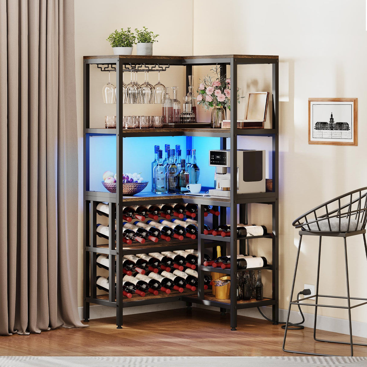 YITAHOME Large Corner Wine Rack, 63'' Corner Bar Cabinet with Power Outlet and LED Light, 5-Tier L Shaped Industrial Liquor Cabinets w/Glass Holder, Open Display Cabinet for Home, Brown YITAHOME