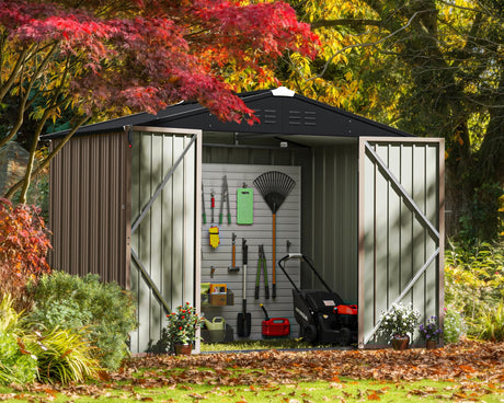 Greesum Outdoor Storage Shed 6 x 8 ft. Utility Tool Shed Metal Storage Garden Shed with Door & Lock for Patio Storage, Brown Greesum