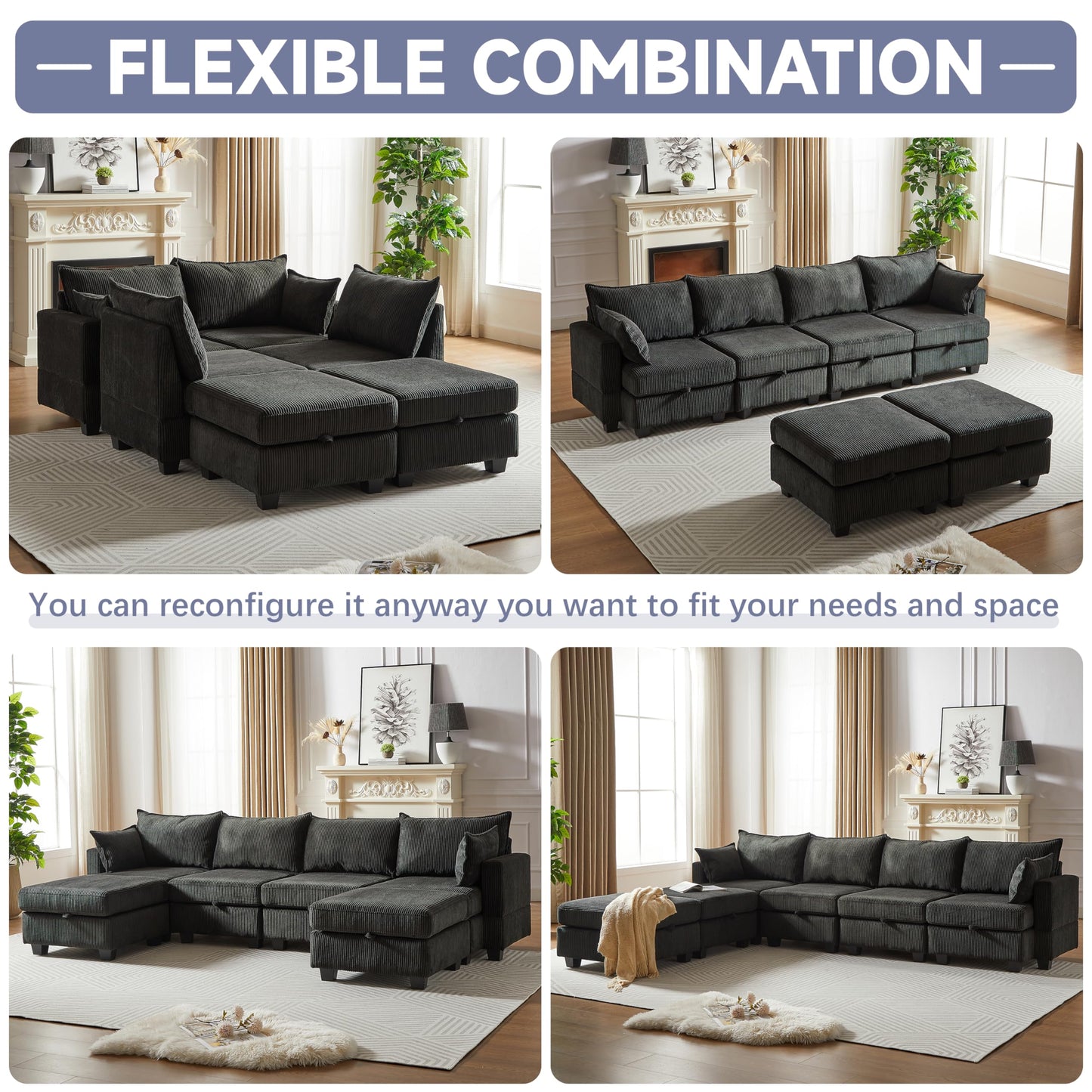 6 Seater Oversized Free Combination Convertible Modular Sectional Sofa, U / L Shaped Extra Large Corduroy Reversible Sleeper Corner Couch with Storage and Movable Ottomans for Living Room Apartment