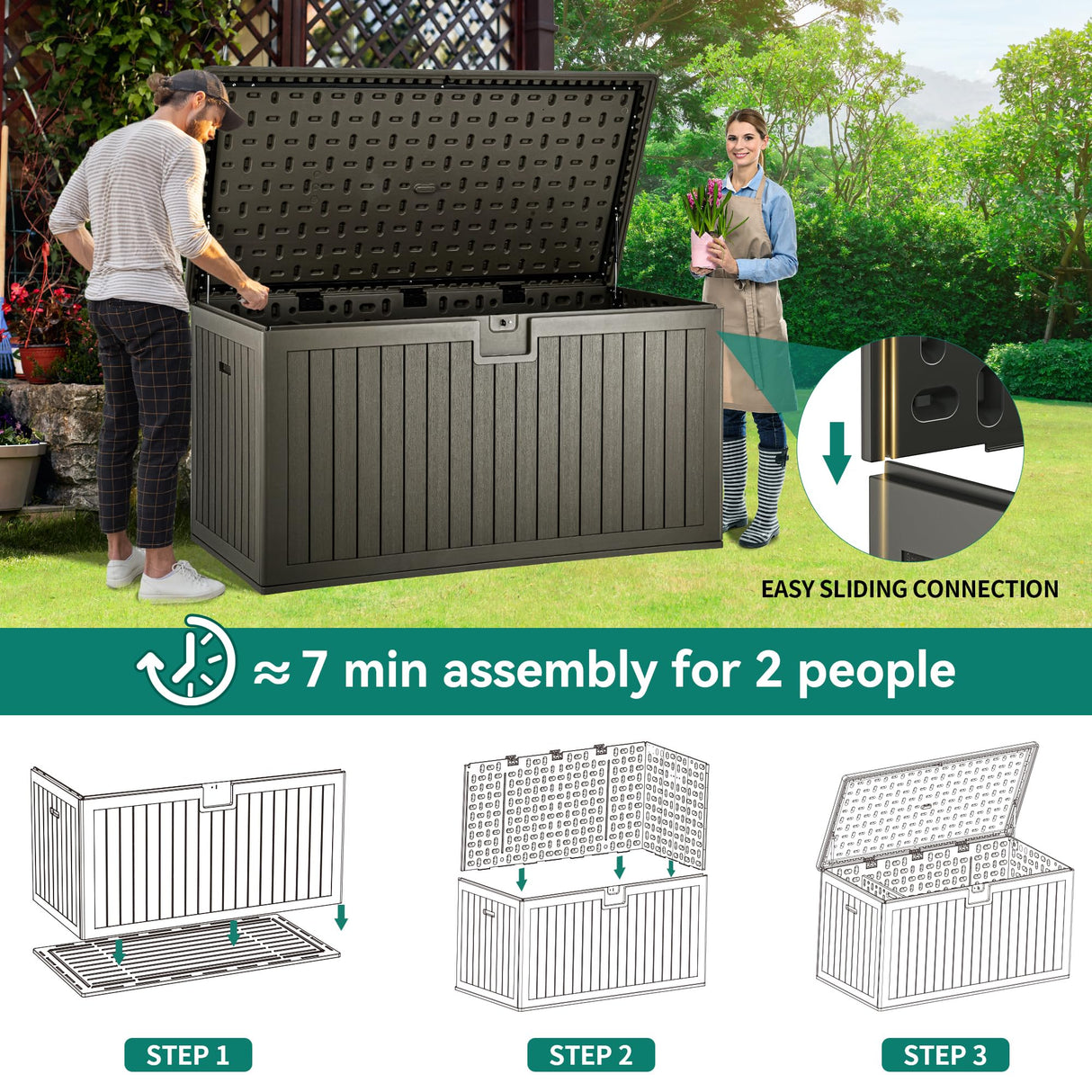 YITAHOME XXL 230 Gallon Large Deck Box,Outdoor Storage for Patio Furniture Cushions,Garden Tools and Pool Toys with Flexible Divider,Waterproof,Lockable (Light Brown) YITAHOME