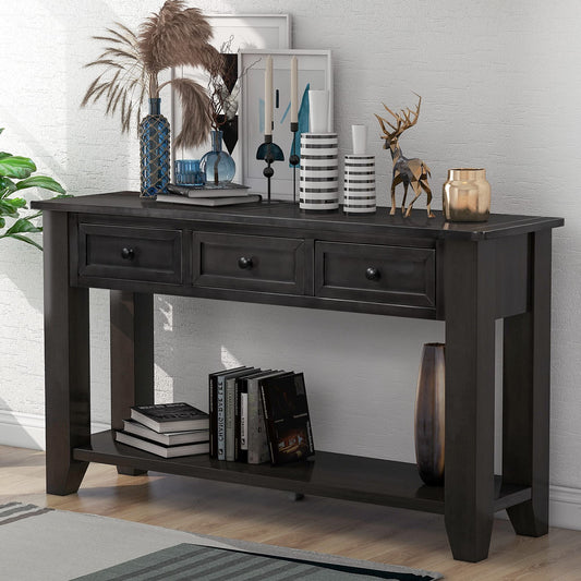 Farmhouse Modern Console Table 55 Inch Wood Sofa Entry Table with Drawers & Open Shelf for Living Room Entryway Bedroom (Black)