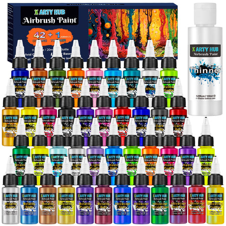 X ARTY HUB Airbrush Paint - 42 Colors with 4.05 Fl Oz Thinner, Iridescent, Neon and Metallic Air Brush Paints Acrylic Ready to Spray, Water-Based Painting Set for Artists Beginners X ARTY HUB