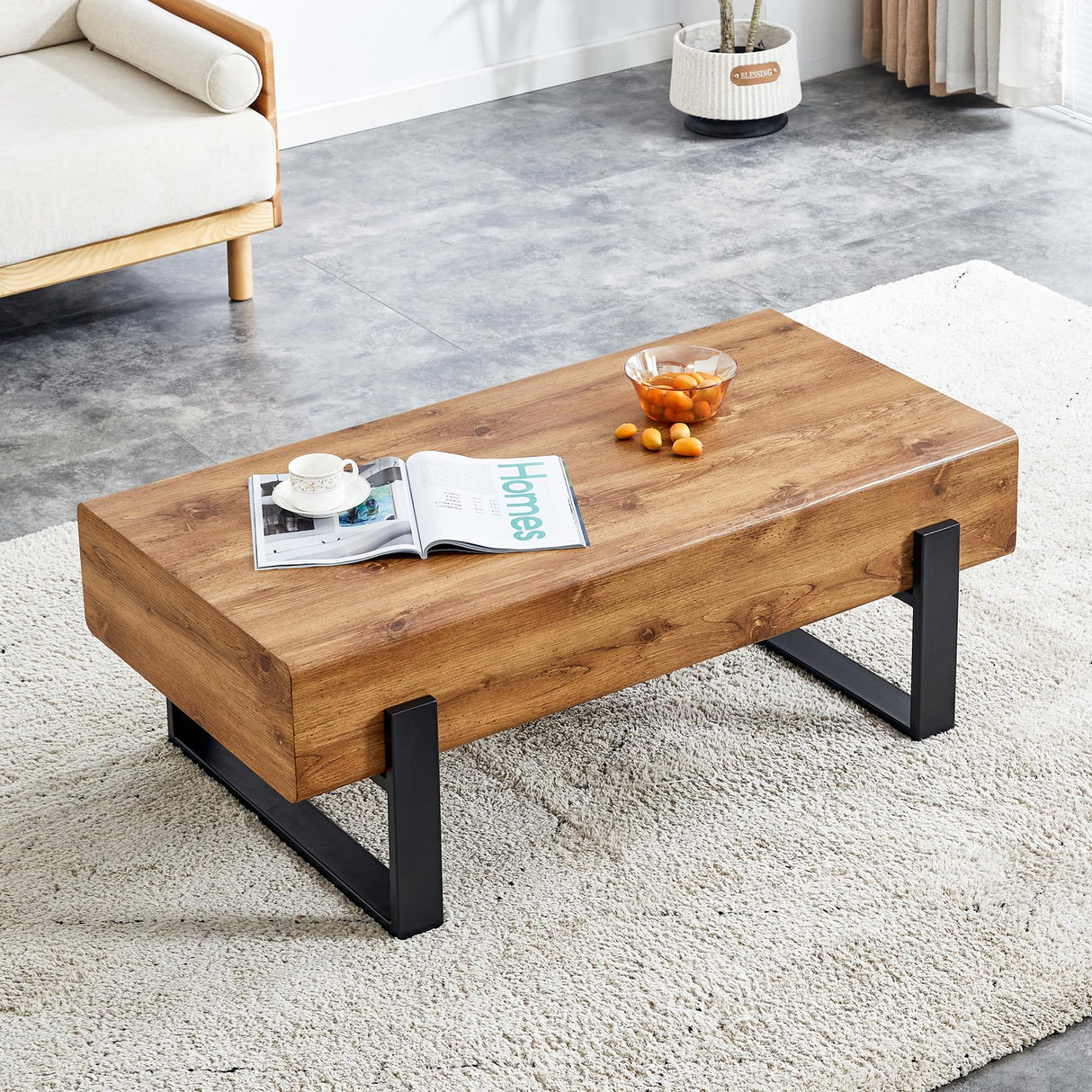 TesNus Rectangle Rustic Coffee Table, Modern Farmhouse Wood Simple Coffee Table with Metal Legs, Center Table for Living Room TesNus