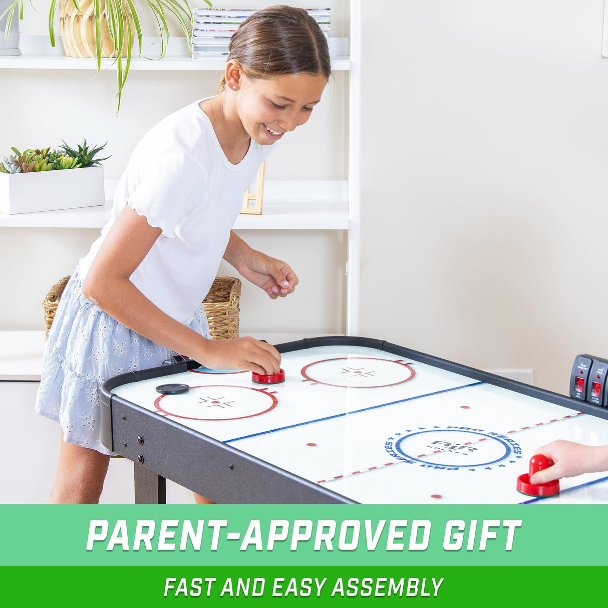 GoSports 48 Inch Air Hockey Arcade Table for Kids - Includes 2 Pushers, 3 Pucks, AC Motor, and LED Scoreboard - Oak or Black GoSports