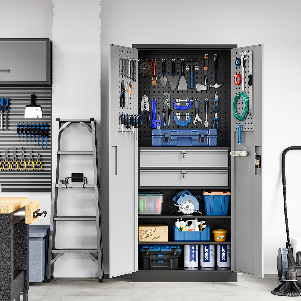 Yizosh Metal Garage Storage Cabinet with Locking Doors and 2 Drawers, Heavy Duty Steel Tool Cabinet with Pegboard, 71" - Lockable Cabinets for Garage, Warehouse, Basement (Black Gray) Yizosh