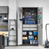 Yizosh Metal Garage Storage Cabinet with Locking Doors and 2 Drawers, Heavy Duty Steel Tool Cabinet with Pegboard, 71" - Lockable Cabinets for Garage, Warehouse, Basement (Black Gray) Yizosh