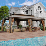 GAZEBEST 14' X 22' Permanent Hardtop Gazebo, Outdoor Galvanized Steel Double Roof Pavilion Pergola Canopy with Aluminum Frame and Privacy Curtains for Garden Patio,Patio Backyard,Deck and Lawns GAZEBEST