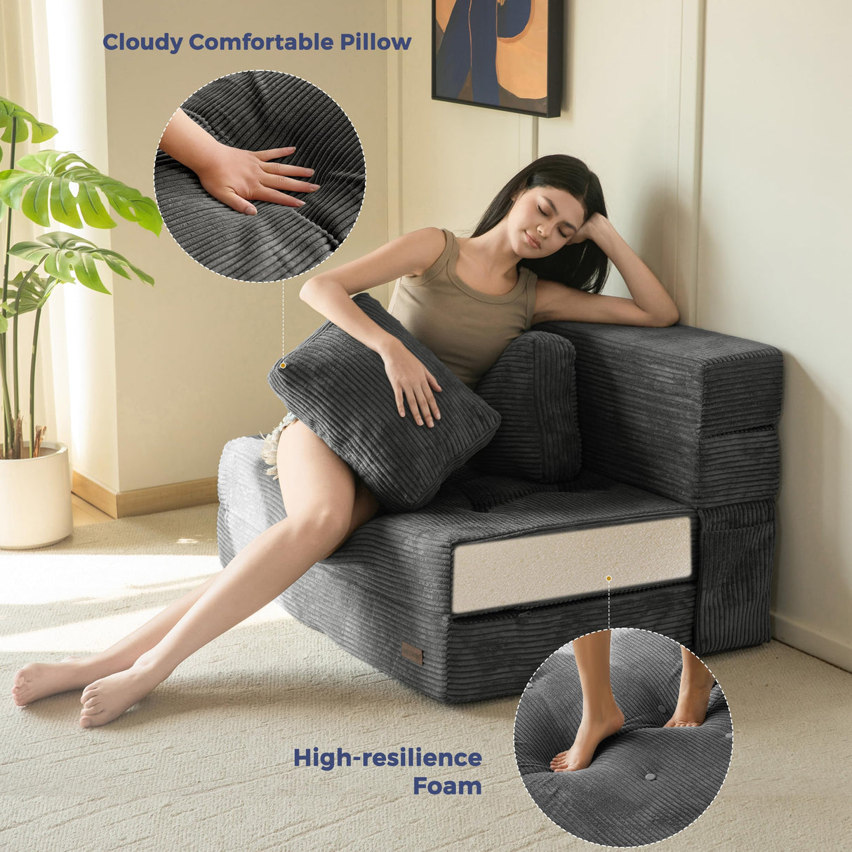 MAXYOYO Convertible Sofa Bed, Fold Out Loveseat Sleeper Sofa with Pillow, 4 in 1 Tufted Folding Couch Bed Foam Floor Couch, Lazy Chair for Living Room Bedroom Guest Room, Dark Grey MAXYOYO