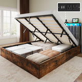 YITAHOME King Size Lift Up Bed Frame with Charging Station & RGB LED Lights, Linen Upholstered Storage Headboard Bed, Heavy Duty Wooden Slats, No Box Spring Needed, Noise Free, Rustic Brown and Grey YITAHOME