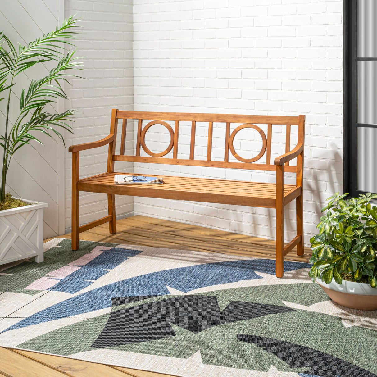 JONATHAN Y BNH104A Apollo 51.2" 3-Seat Circle-Back 600-Lbs Support Acacia Wood Outdoor Garden Patio Bench for Garden, Lawn, Backyard, Pool, Deck, Beach, Firepit, Teak JONATHAN Y