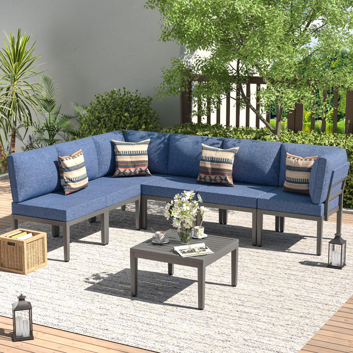Kullavik Patio Furniture Set,7 Pieces Metal Modern Outdoor Furniture,Outdoor Sectional Sofa w/5.1" Cushions and Coffee Table for Patio,Backyard，Navy Blue Kullavik