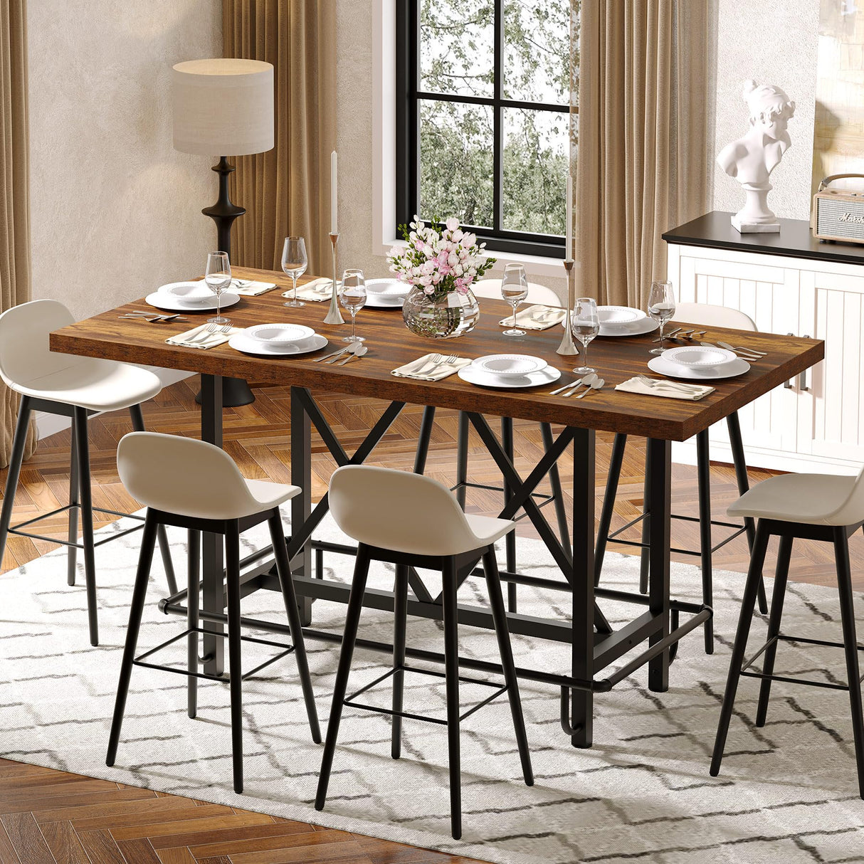 Tribesigns Rectangular Counter Height Dining Table with Metal Footrest for 6 People, 35.43" Tall (Rustic Brown) Tribesigns