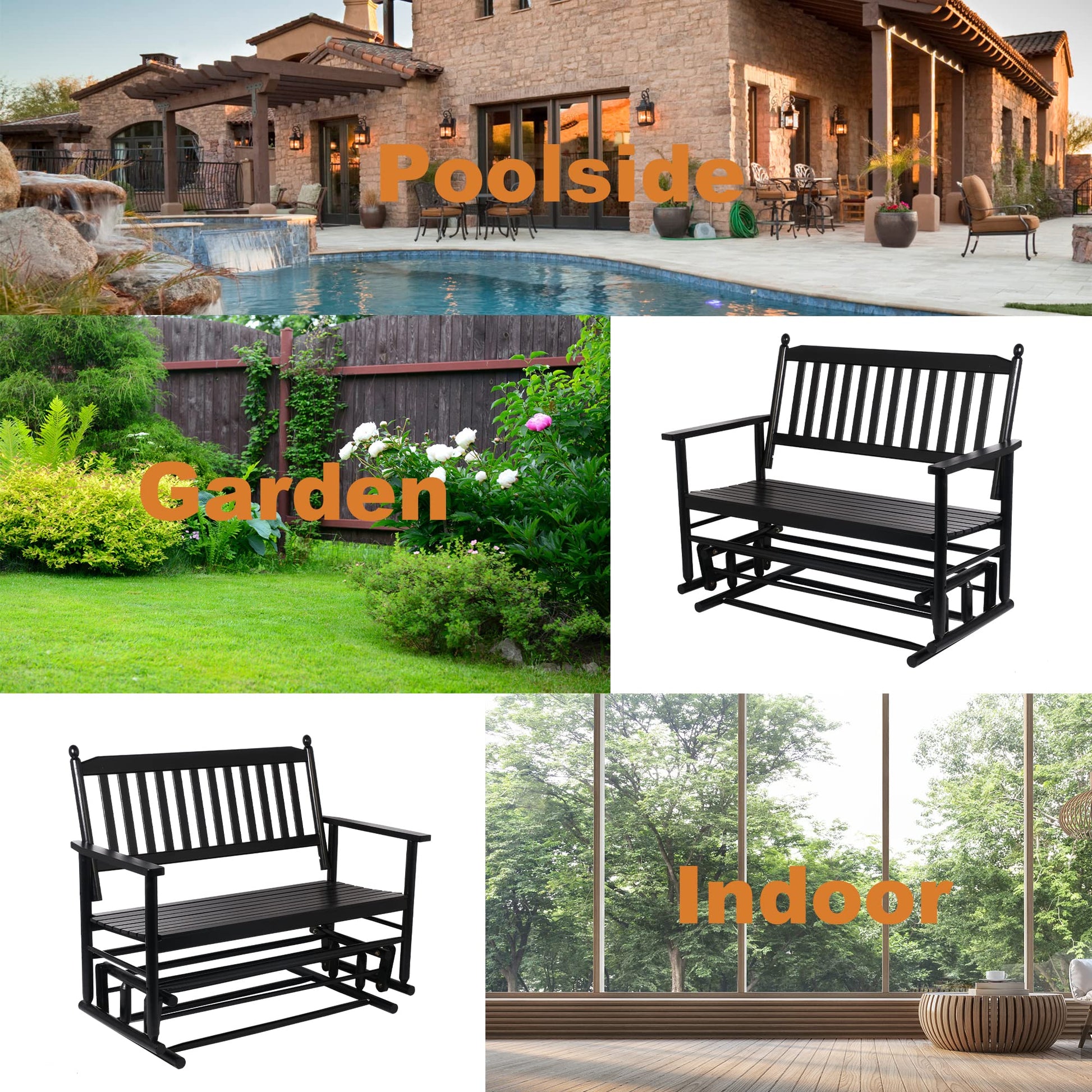 Fadidio Patio Glider Bench Outdoor, Porch Swing Glider for Outside, Wooden 2-Person Loveseat Rocking Bench Funiture, Black Gliders - WoodArtSupply