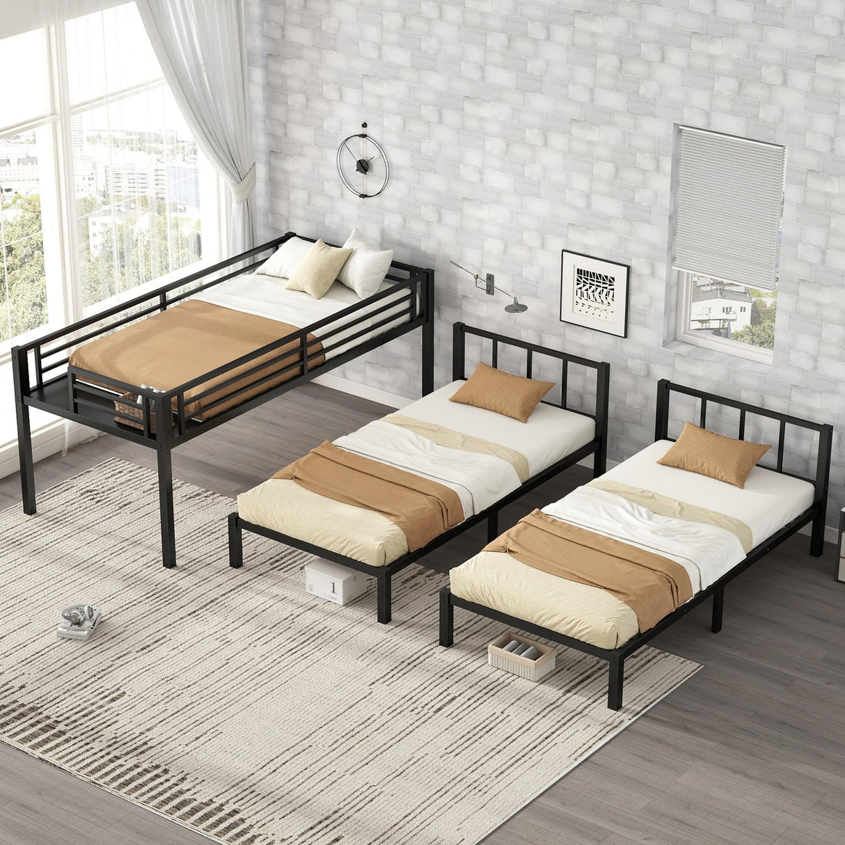 Bellemave Triple Bunk Bed for Kids, Detachable Metal Twin Over Twin Over Twin Bunk Bed with Guardrails, Built-in Ladder, Shelf, Converts to 3 Separate Twin Beds, Easy Assembly, Black Bellemave