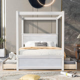 Bellemave Wood Canopy Bed with 4 Storage Drawers, Full Size Canopy Platform Bed with Support Slats, No Box Spring Needed, Brush White Bellemave