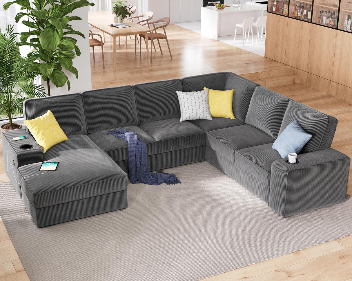 PaPaJet U Shaped Couch, 112 Inch Oversized Couch with Storage Chaise, Sectional Sofa with Cup Holders & 2 USB Ports, Corduroy Grey Sofa PaPaJet