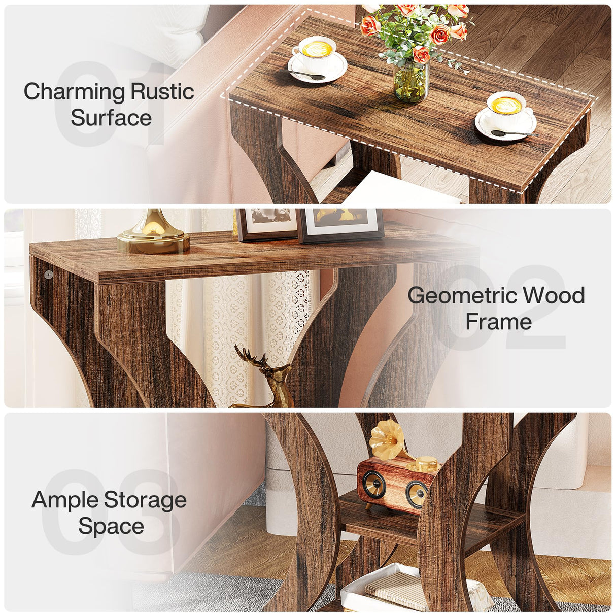 Tribesigns 24" Farmhouse End Table, 3-Tier Side Table with Storage Shelves, Industrial Wood Accent Table, Nightstand Bedside Table for Living Room, Bedroom, Rustic Brown (1PCS) Tribesigns