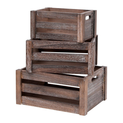 Large Vintage Brown Wooden Crates for Dispaly,Set of 3 Wood Crates with Handles,Rustic Handmade Wood Boxes for Storage Or Display,Solid Wood Decorative Boxes (Rustic Brown)