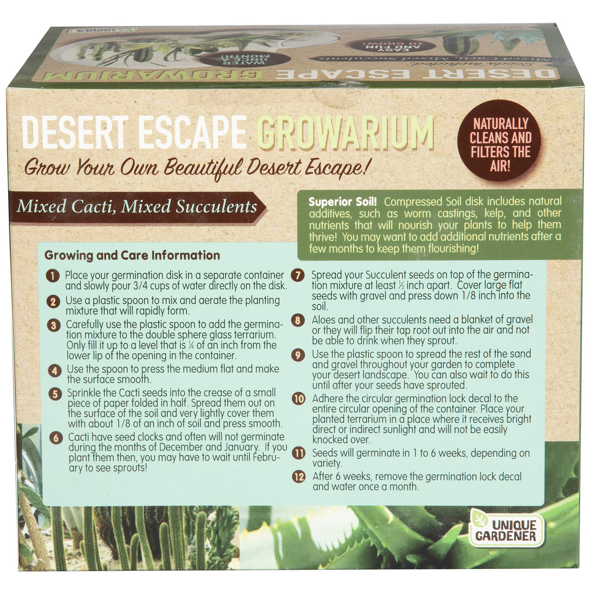 Grow Your Own Desert Escape in A Quality Glass Terrarium Starter Kit with Complete Supplies - Easy to Maintain Indoor Cacti and Succulents - Over A Dozen Desert Plants That Will Last for Years! Unique Gardener