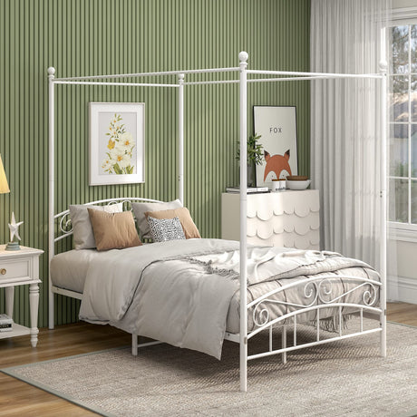 JURMERRY Metal Canopy Bed Frame Four-Poster Bed with Headboard & Footboard Mattress Foundation Sturdy Slatted Structure No Box Spring Needed Easy Assembly,Full White JURMERRY