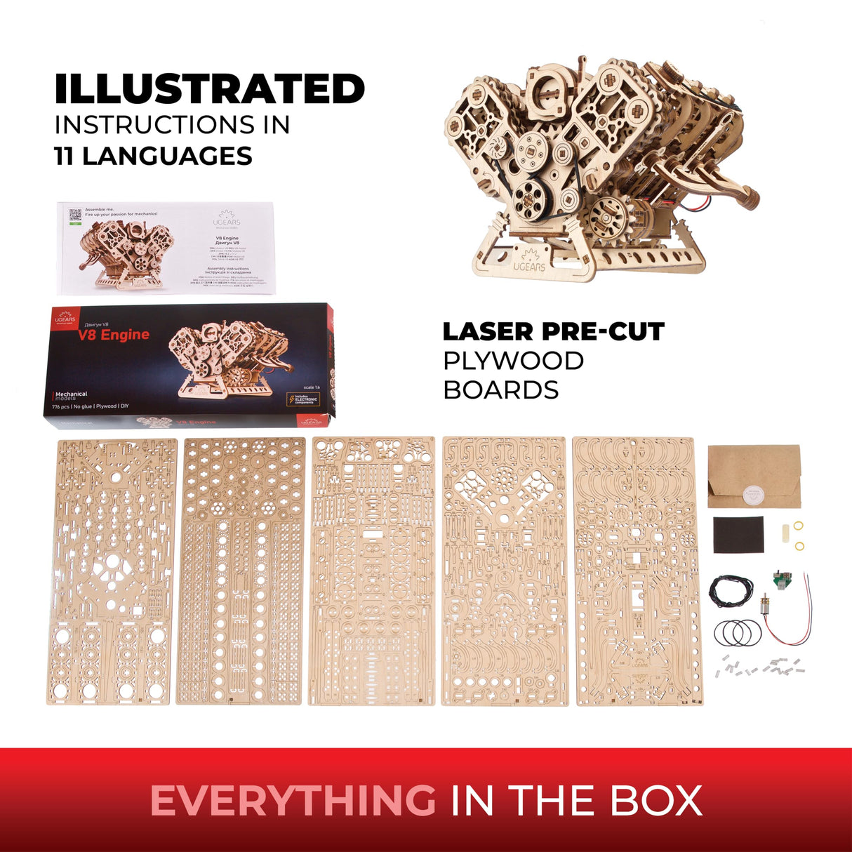 UGEARS V8 Engine Model Kit - Advanced 3D Wooden Puzzles for Adults - DIY Kits Gifts for Engineers - 3D Puzzle Model Engine Kit for Adults for Father's Day, Birthdays, Christmas - 776 Pcs UGEARS