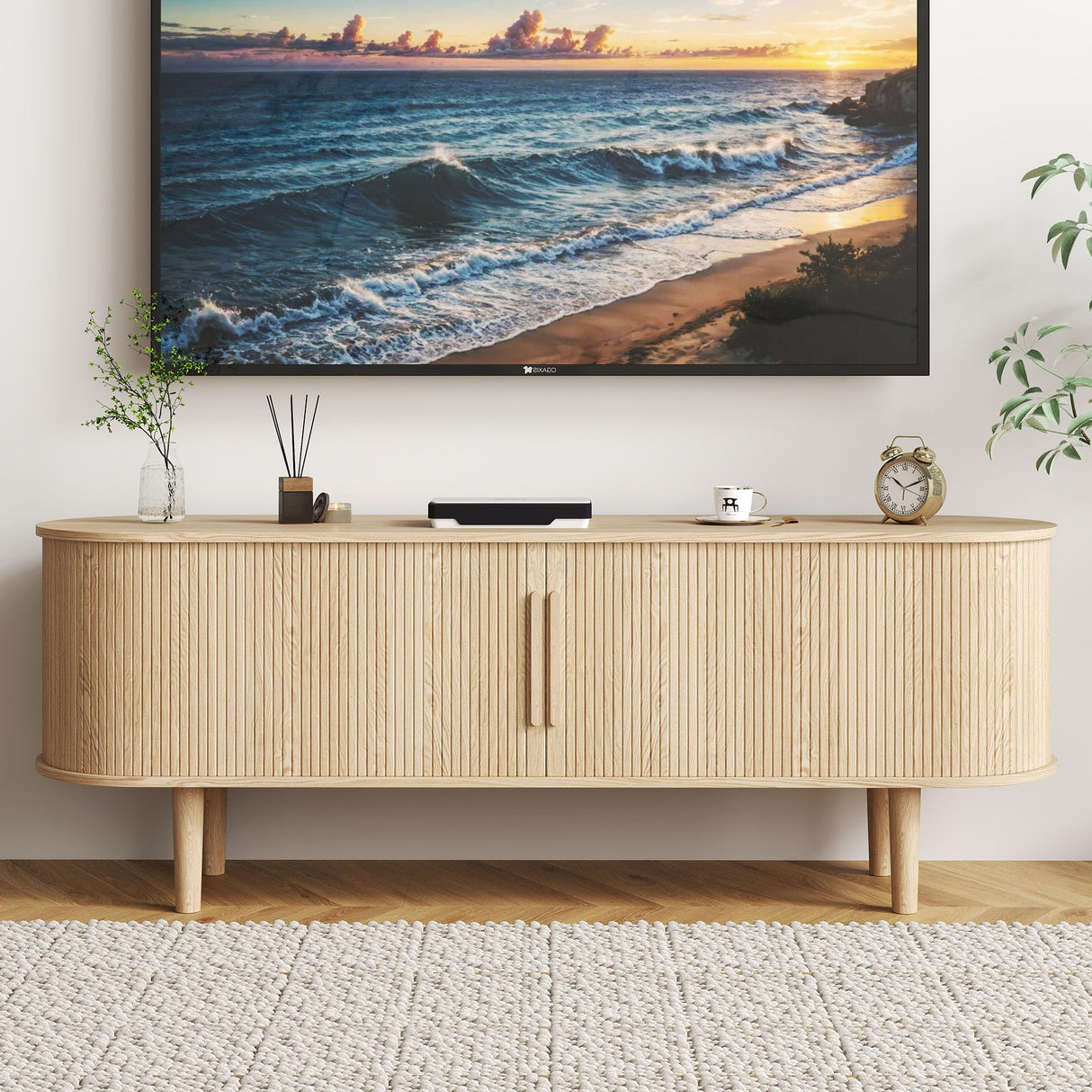 NVETHM TV Stand, Modern TV Console Table with Storage Compartment and Sliding Door, Gaming Entertainment Center with Cabinet for Living Room, Bedroom, Office (Natural) NVETHM