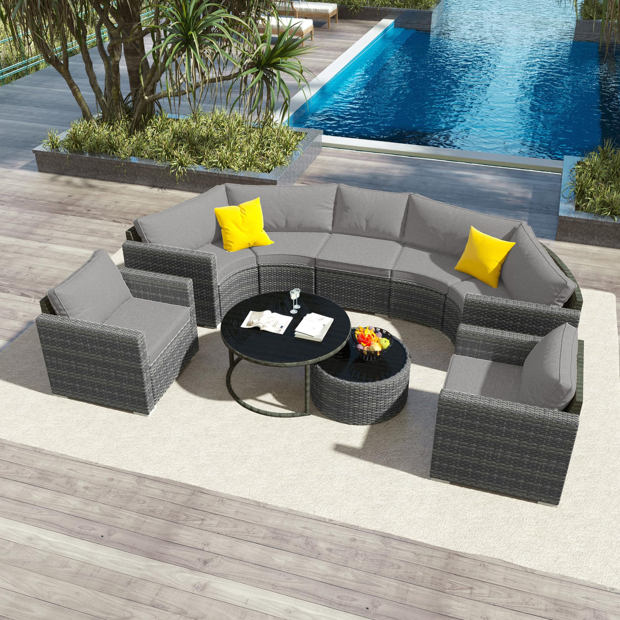 9-Piece Outdoor Patio Half Moon Furniture Set, Free Combination Sofa Set Sectional Conversation Set, Rattan Wicker Half Moon Sofa Set with Free Overlapping Round Table (Gray Wicker + Gray Cushion) YSWH
