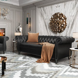 RARZOE Modern 3 Seater PU Chesterfield Sofa, Upholstered Tufted Button Leather Chesterfield Couch, Classic Faux Leather Settee with Nailhead Trim Scroll Arms for Living Room Bedroom(Black) RARZOE