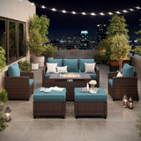 VONZOY 6 Pieces Patio Furniture Set with 44" Gas Fire Pit Table, Outdoor Sectional Conversation Sets, All-Weather Wicker Rattan Sofa w/Gas Fire Pit, Ottoman, Thick Cushion Light Blue VONZOY