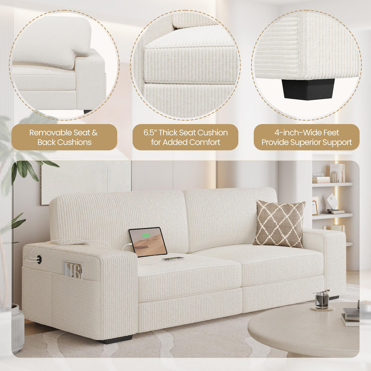 Yaheetech 83.5" W Modern Sofa Couch 2 Seater Corduroy Fabric Sofa with USB Charging Ports & Side Storage Pockets for Living Room Apartment, Ivory Yaheetech
