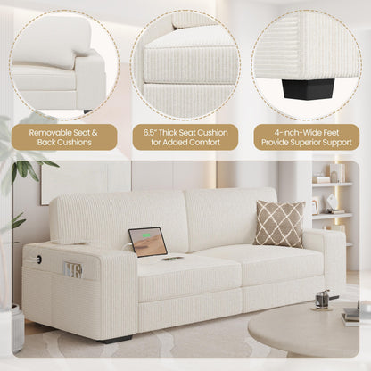 Yaheetech 83.5" W Modern Sofa Couch 2 Seater Corduroy Fabric Sofa with USB Charging Ports & Side Storage Pockets for Living Room Apartment, Ivory