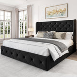 LARMACE Queen Size Bed Frame with 4 Storage Drawers and Wingback Headboard Upholstered Platform Beds Velvet Tufted Bed Frame with Wooden Slats Support, Easy Assembly, Black LARMACE
