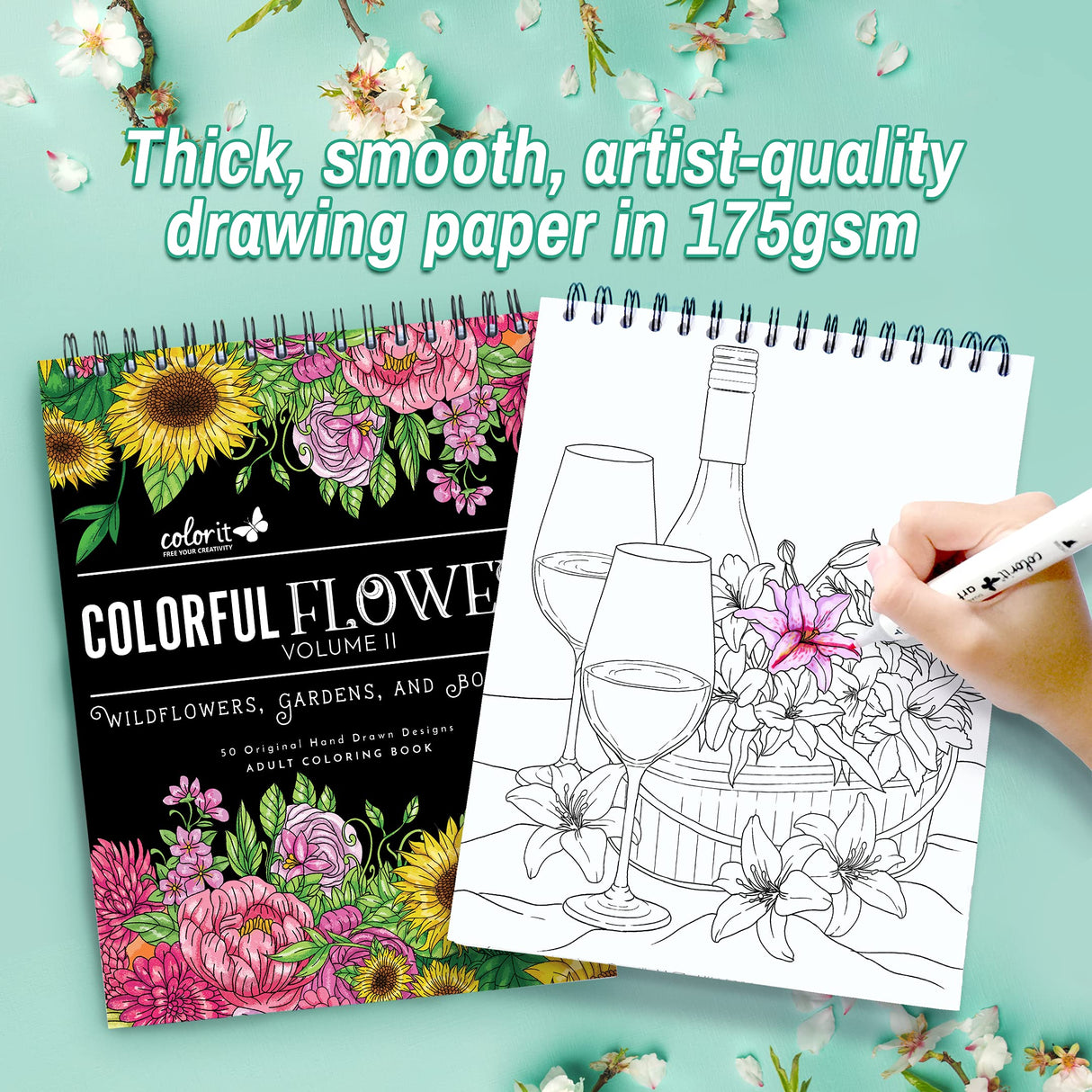 ColorIt Colorful Flowers Volume 2 Wildflowers, Gardens, and Bouquets Adult Coloring Book, 50 Original Designs, Thick Paper, Spiral Binding, USA Printed, Lay Flat Hardback Book Covers, Blotter Paper ColorIt