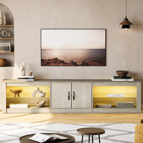 Bestier 80 Inch TV Stand for 65/75/85 inch TVs, Modern LED Entertainment Center with Storage Cabinet, Adjustable Glass Shelves ＆ Cable Management, Gaming TV Console Table for Living Room, Wash White Bestier